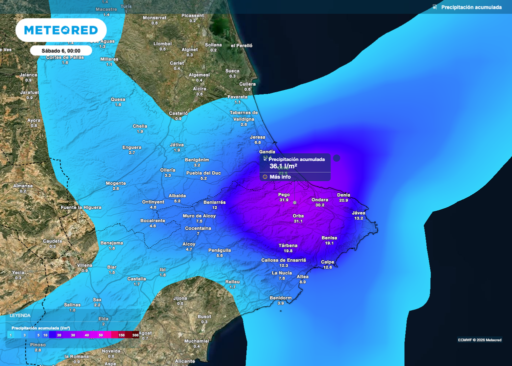 En el sur de la provincia de Valencia y en el norte de Alicante las lluvias serán generosas, probablemente más de lo que marca el modelo europeo en este mapa.
