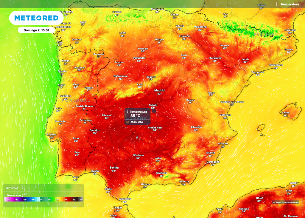 El mediodía del domingo ya será bastante caluroso en el interior de la mitad sur peninsular y valle del Ebro.