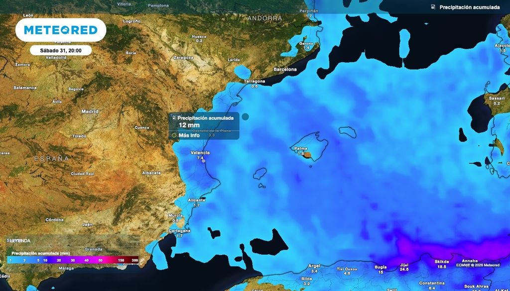 Acumulados de precipitación previstos hasta la noche del sábado.