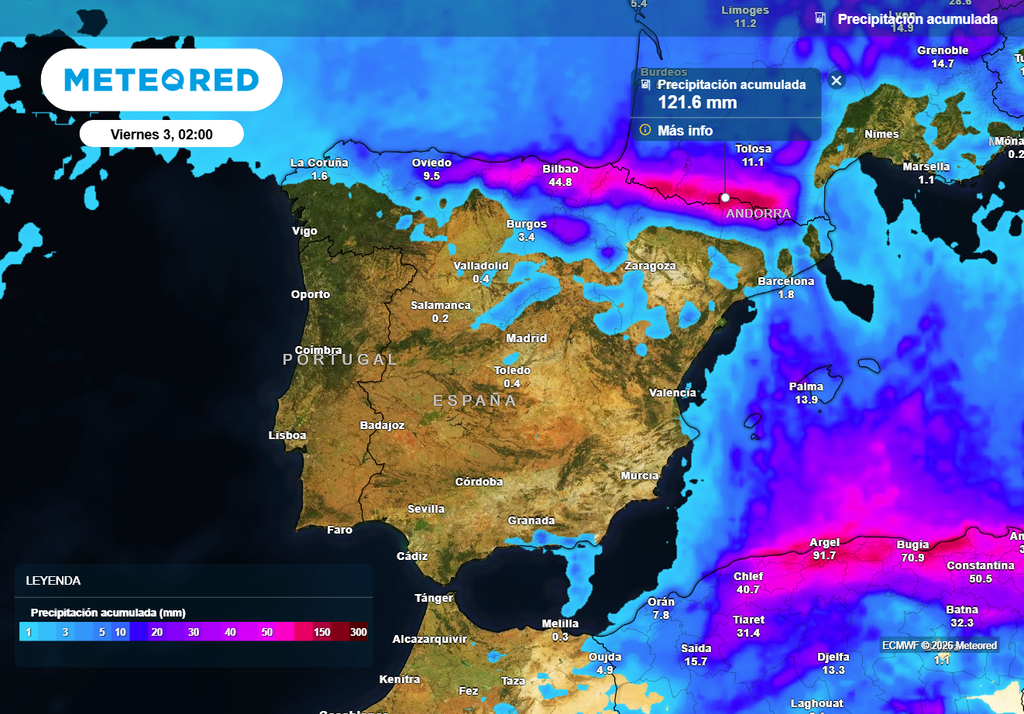 Los acumulados de precipitación pueden superar los 100 l/m2 en esta Semana Santa en el extremo septentrional.