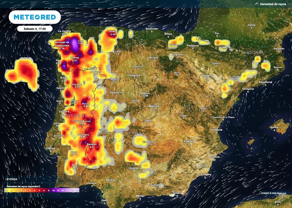En la jornada del sábado habrá tormentas con mucha actividad eléctrica en el oeste peninsular.