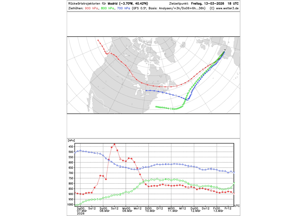 La masa de aire frío que afectará a España en la recta final de la semana tendrá su origen en Canadá. Fuente: Wetter3.de.