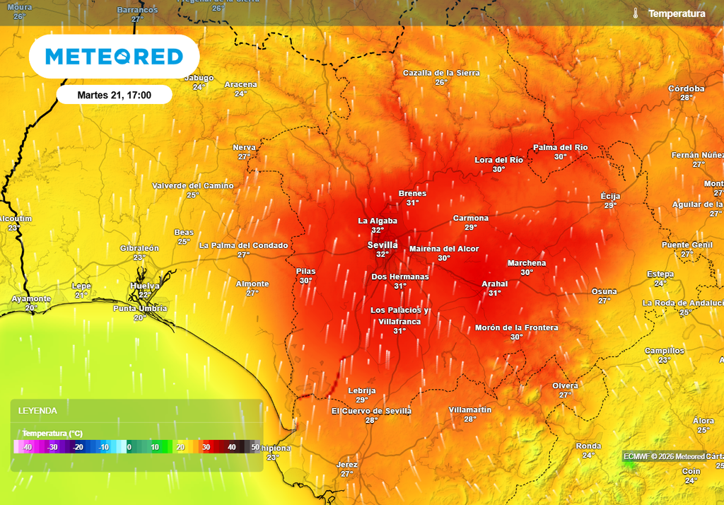 Este martes podrían acercarse a los 35 ºC en Sevilla, según el modelo europeo.