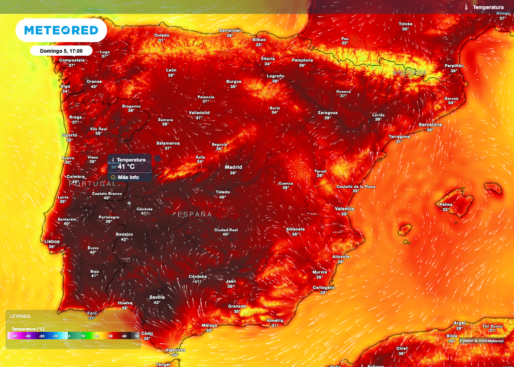 En el mediodía de esta domingo las temperaturas superarán los 35 ºC en gran parte del país.