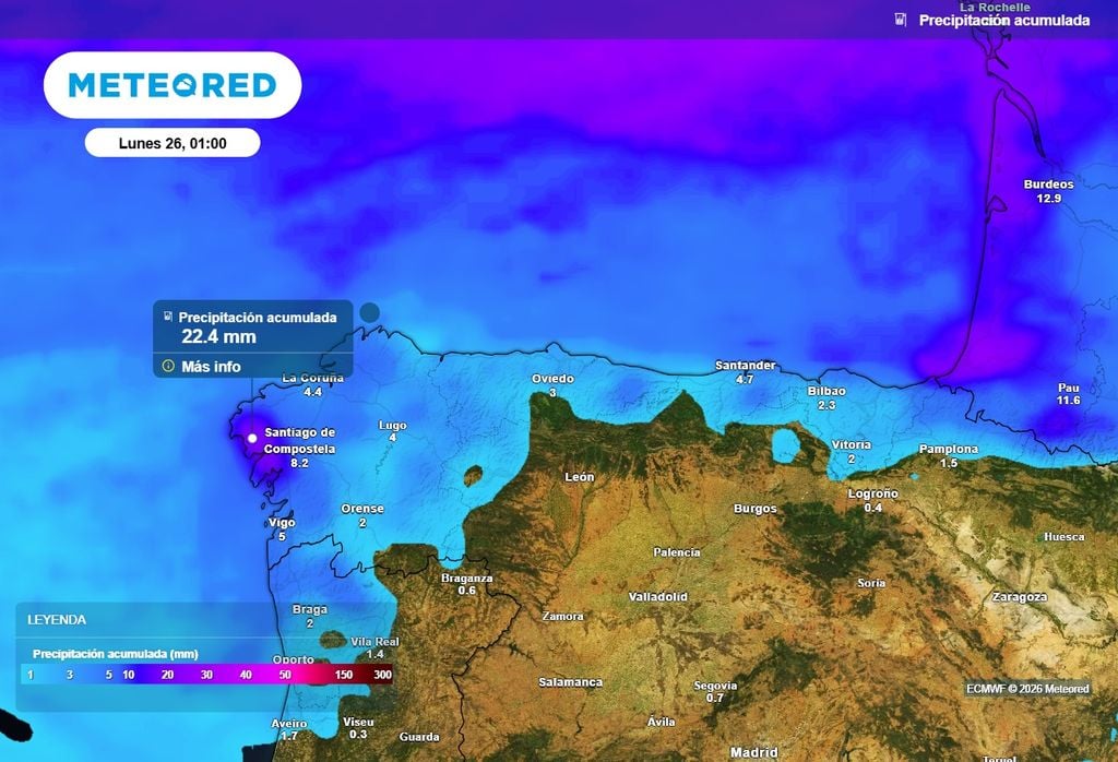 En el oeste de Galicia podrían acumularse más de 20 l/m2 con el paso de los frentes.