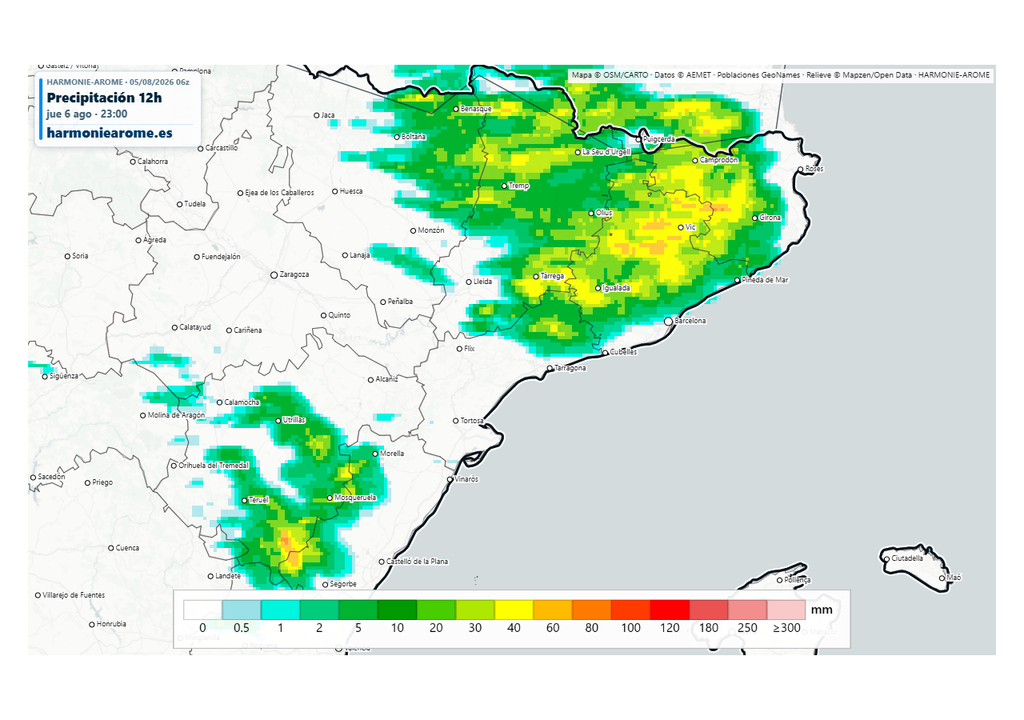 Las tormentas de mañana serán muy intensas en el noreste, y según los modelos mesoescalares en algunas zonas caerán más de 50-60 l/m2 en muy pocas horas. Fuente: Harmoniearome.es
