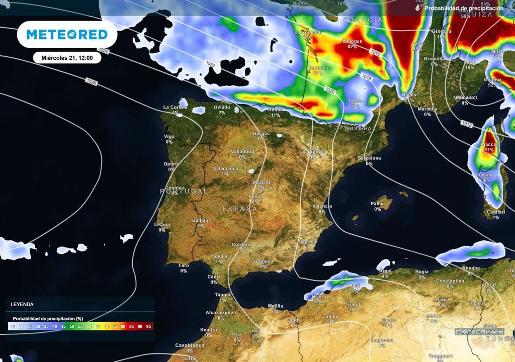 Frente en el Cantábrico El frente que hoy miércoles cruzará el extremo norte peninsular dejará lluvias débiles a su paso. Los vientos del oeste-noroeste soplarán fuertes en el litoral cantábrico.