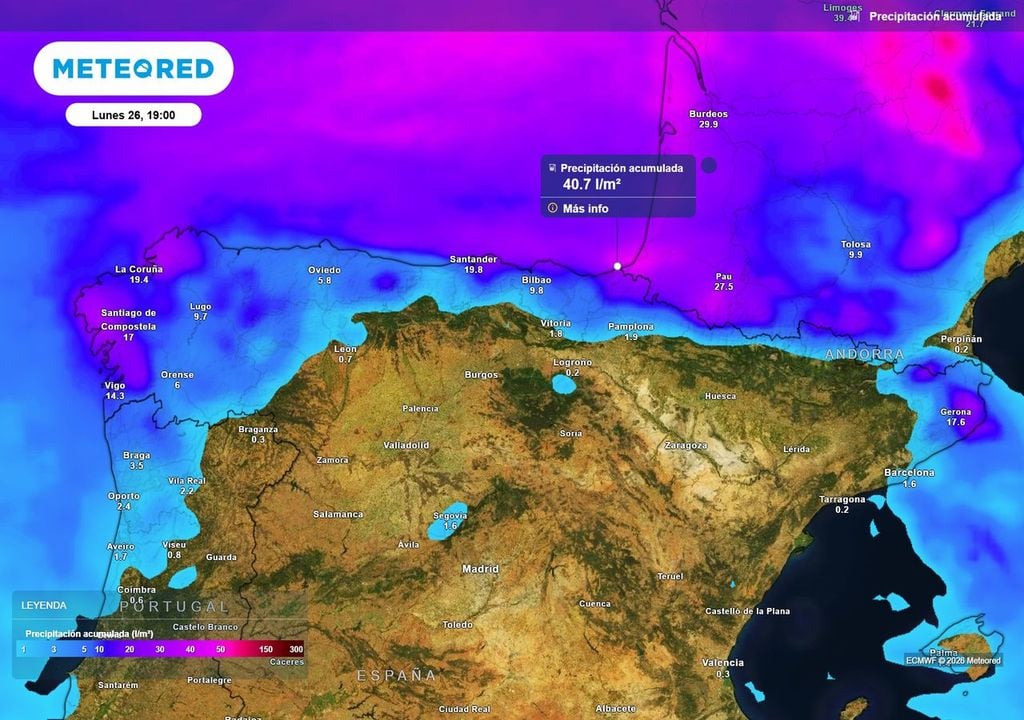 Lluvias en el norte peninsular El tren de frentes fríos que entre hoy y el próximo domingo cruzarán el extremo norte peninsular dejarán acumulados de hasta 30 l/m2 en algunas zonas de Galicia y 40 l/m2 en la costa de Guipúzcoa.