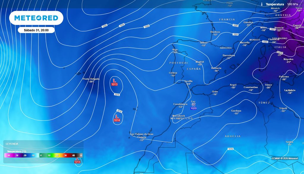 Descolgamiento de aire frío, con formación de una dana y una borrasca fría aislada de doble núcleo previsto el próximo sábado al noroeste de Canarias. El tiempo empezará a volverse borrascoso en las islas.
