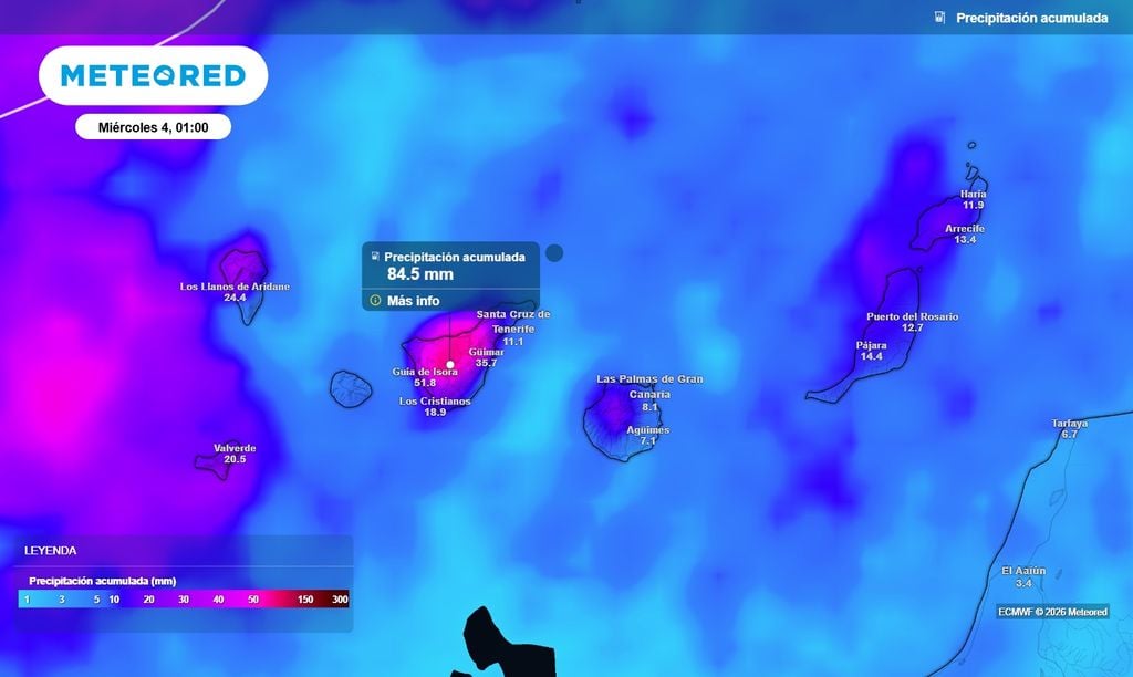 Precipitación acumulada prevista en las islas Canarias entre hoy y el martes 3 de noviembre. Los mayores acumulados se prevén en la provincia occidental.