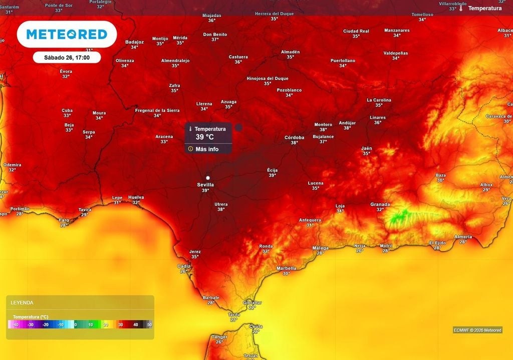 Máximas de 39 ºC El próximo sábado, 26 de septiembre, será uno de los días más calurosos del actual episodio de altas temperaturas. En Sevilla y Córdoba se prevén máximas de 39 ºC.