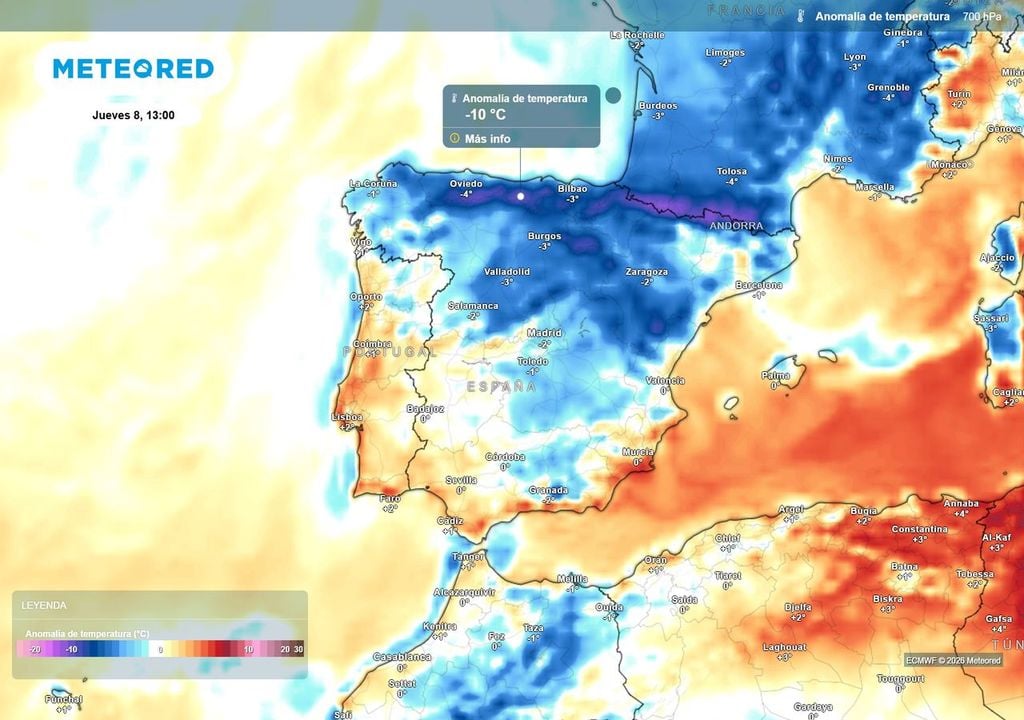La llegada de una masa de aire polar el próximo jueves por el norte de la Península provocará un descenso bastante general de las temperaturas, acusado por el norte y este peninsular. El viernes también se notará la bajada por el Mediterráneo.