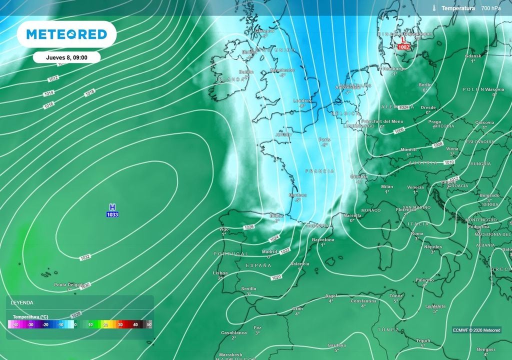 Entrada fría Mañana jueves se irá descolgando hasta el norte peninsular una lengua de aire frío de origen polar que provocará un descenso brusco de las temperaturas, especialmente acusado en el norte y nordeste de la Península.