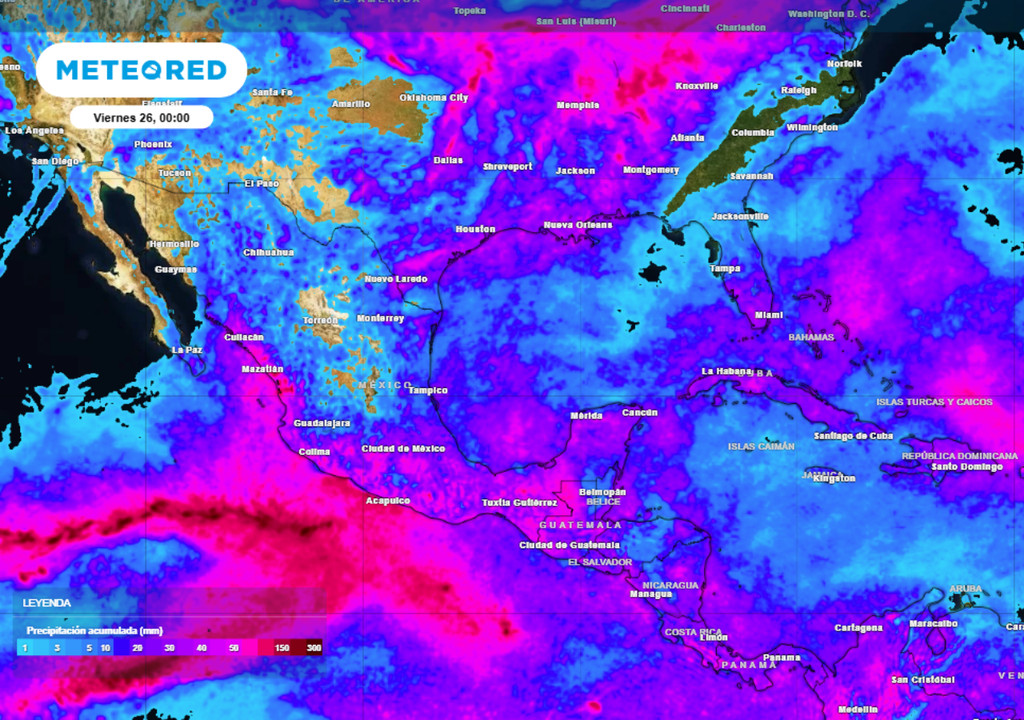 Pronóstico de lluvia acumulada para las próximas 96 horas en México.