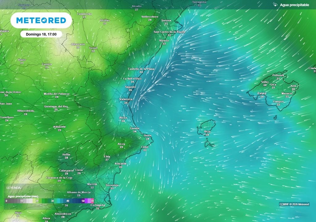 Mucha humedad El agua precipitable será abundante en el golfo de Valencia. Es un parámetro importante para conocer la humedad disponible que puede alimentar a las nubes y posteriores lluvias.