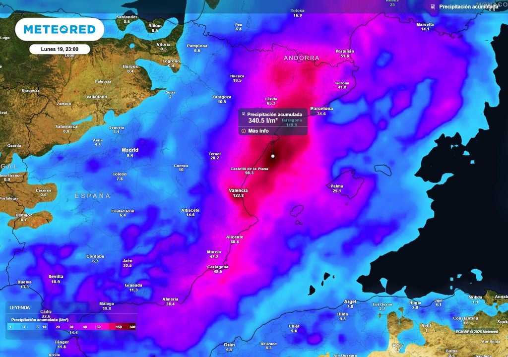 Lluvias intensas en el Mediterráneo Acumulados de precipitación previstos hasta la noche de mañana, lunes 19.