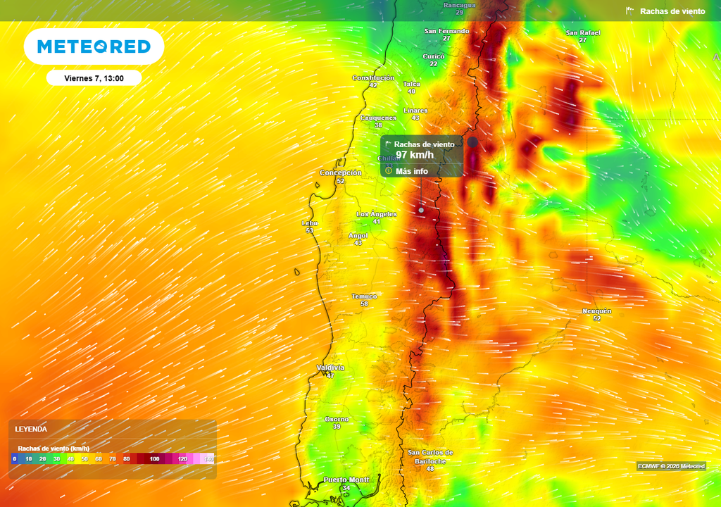 Sistema frontal con características de temporal en el centro-sur de Chile Rachas de viento (km/h) para la tarde del viernes (07) en Chile centro-sur.