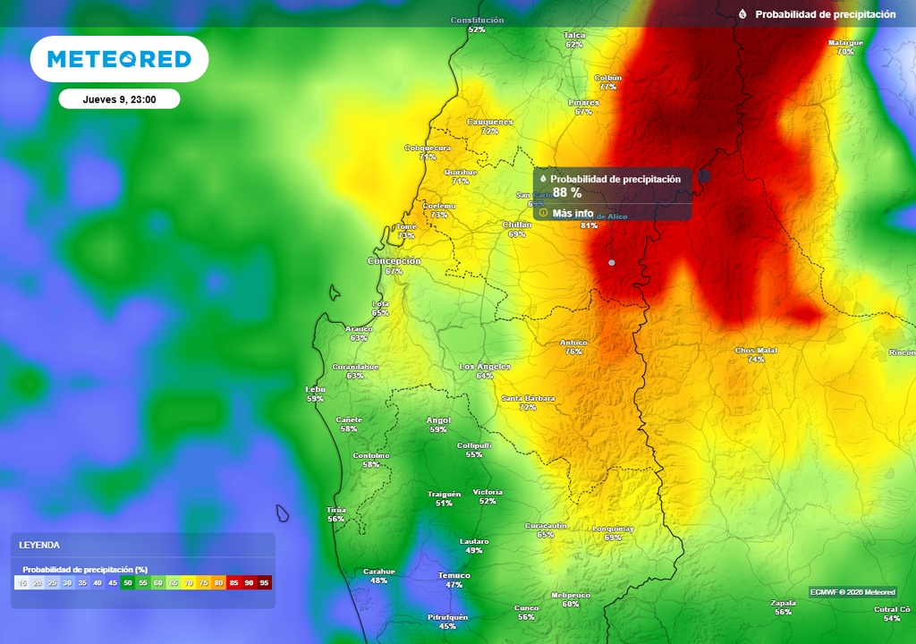 Lluvias en Chile centro-sur sin río atmosférico a contar del jueves (09) Probabilidad de precipitación (%) para la noche del jueves (09) en las regiones de Ñuble, Biobío y La Araucanía.