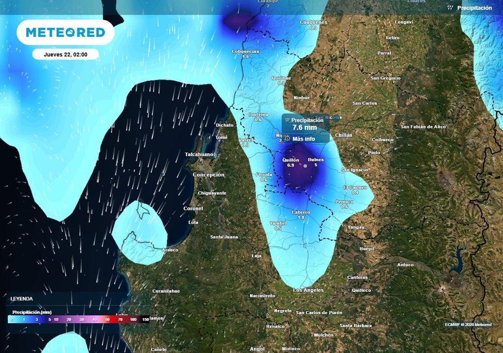 Precipitación (mm) para la madrugada del jueves (22) en las regiones de Ñuble y Biobío.