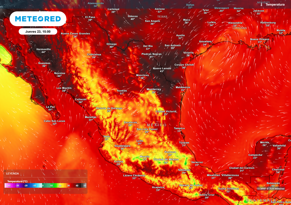 Pronóstico de temperaturas en grados Celsius Intenso calor de 35-45 °C en todo el norte y estados costeros; probables extremas rondando los 50 °C entre Baja California y Sonora.