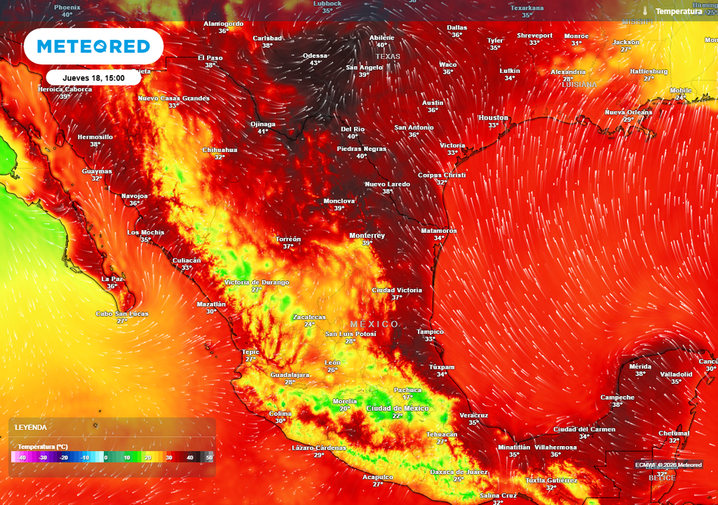 Pronóstico de temperaturas en grados Celsius Calorón se sentirá al norte, oriente y sureste del país combinándose con humedad para generar sensaciones (bochorno) de hasta 55 °C.
