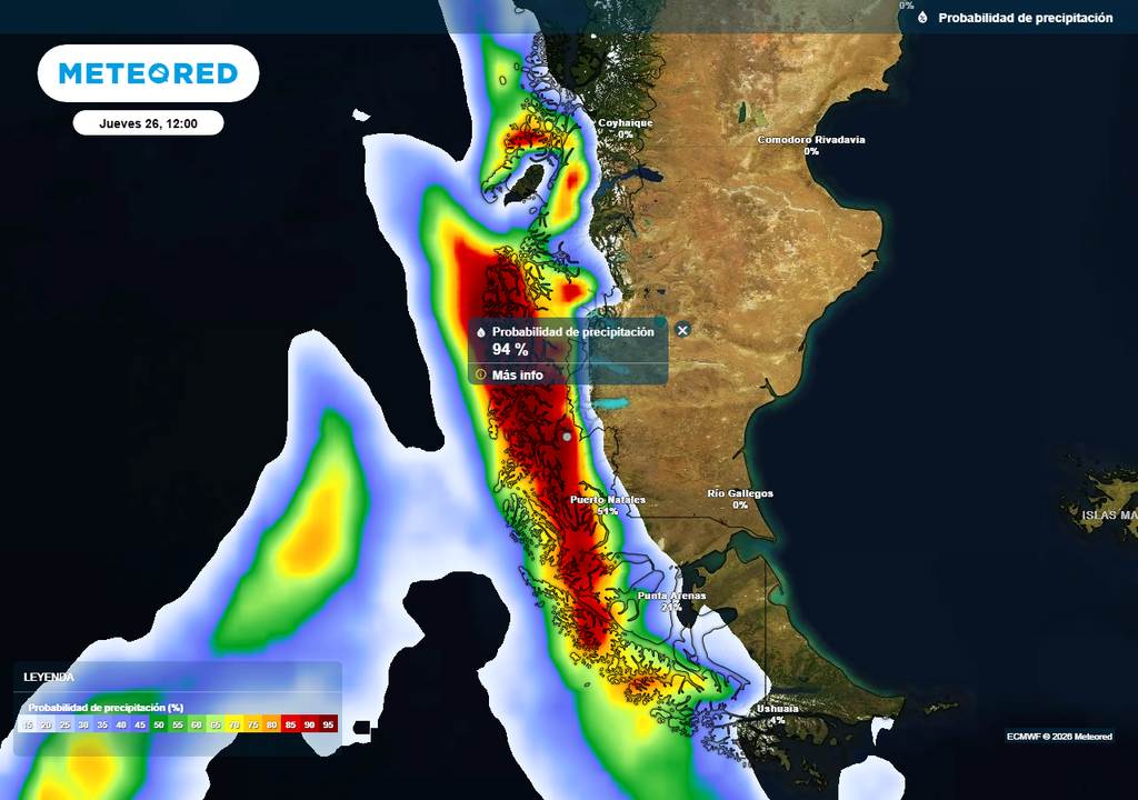 Probabilidad de precipitación (%) para el mediodía del jueves 26 de febrero 2026 en las regiones de Aysén y Magallanes.