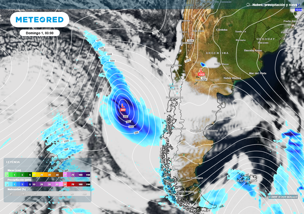 Ciclón extratropical (L) que se aproxima a las zonas sur y austral de Chile.