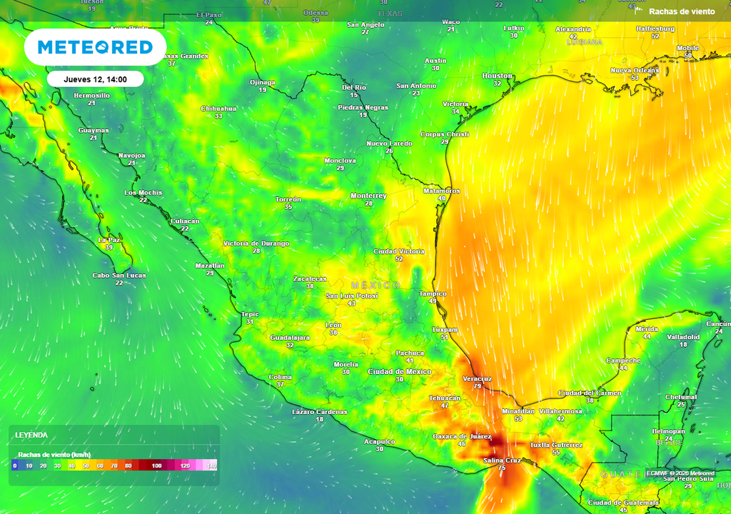 El aire polar (alta presión) ocasionará fuertes ráfagas de viento con "Norte" de 75-95 km/h en Veracruz y mayores en el Istmo.