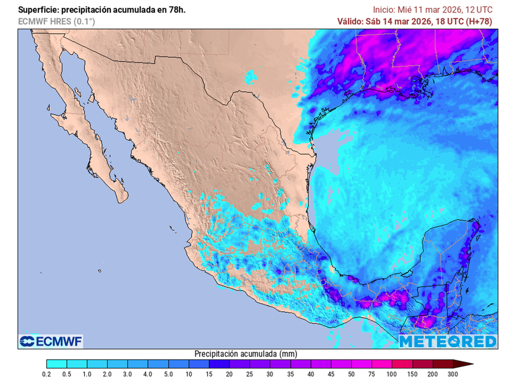 Con el paso del frente frío y el relieve, las tormentas se pronostican en el centro, oriente, sureste y parte del occidente; probables puntuales mayores a 50 mm.