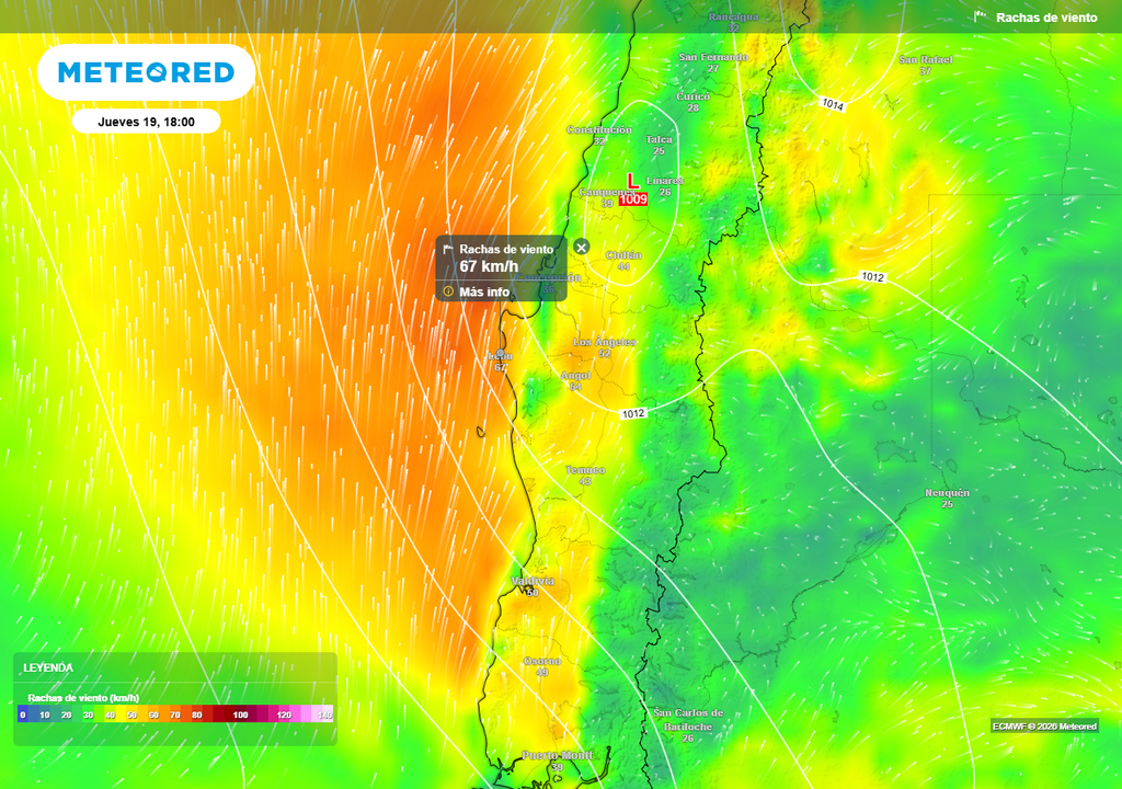 Rachas de viento (km/h) para la tarde del jueves 19 de febrero 2026 en Chile centro sur.