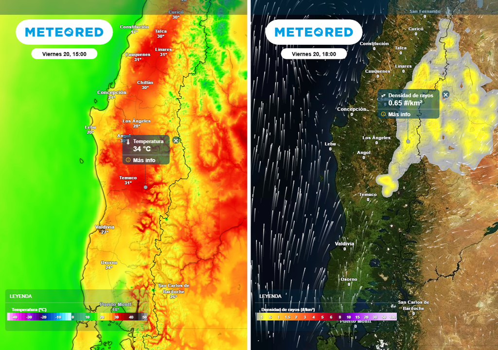 Temperatura máxima (°C) -imagen izquierda- y densidad de rayos (#/km2) -imagen derecha- para la tarde del viernes 20 de febrero 2026 en Chile centro sur.
