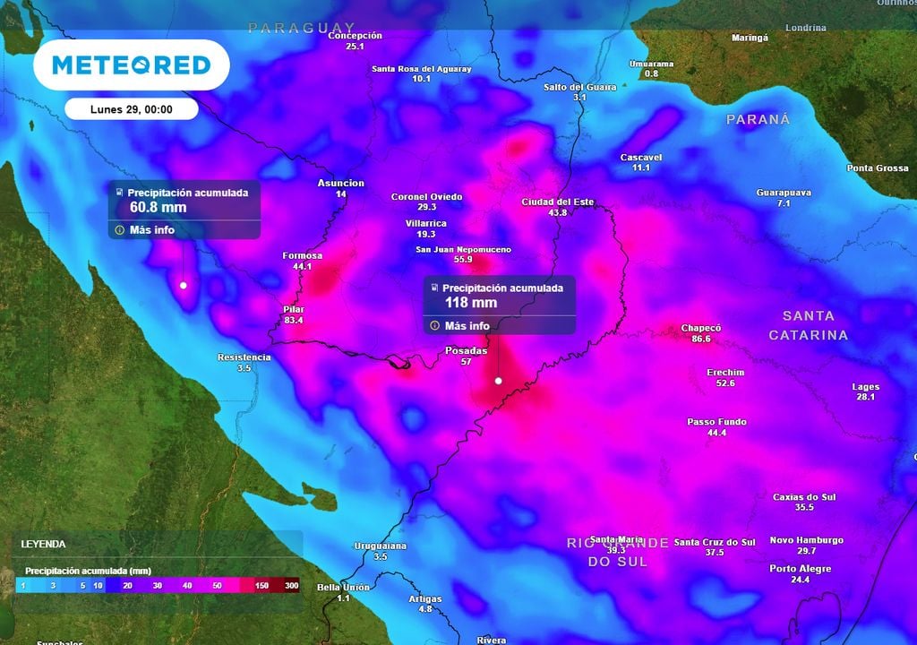 Lluvias acumuladas hasta la 0 hs del lunes 29 en el NEA,zona bajo alerta por tormentas
