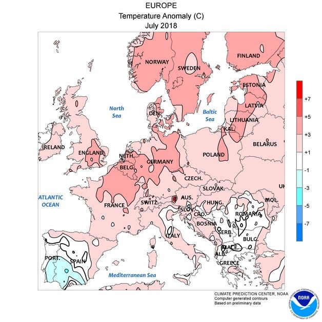 Foto 1: Anomalías térmicas para el mes de julio. NOAA