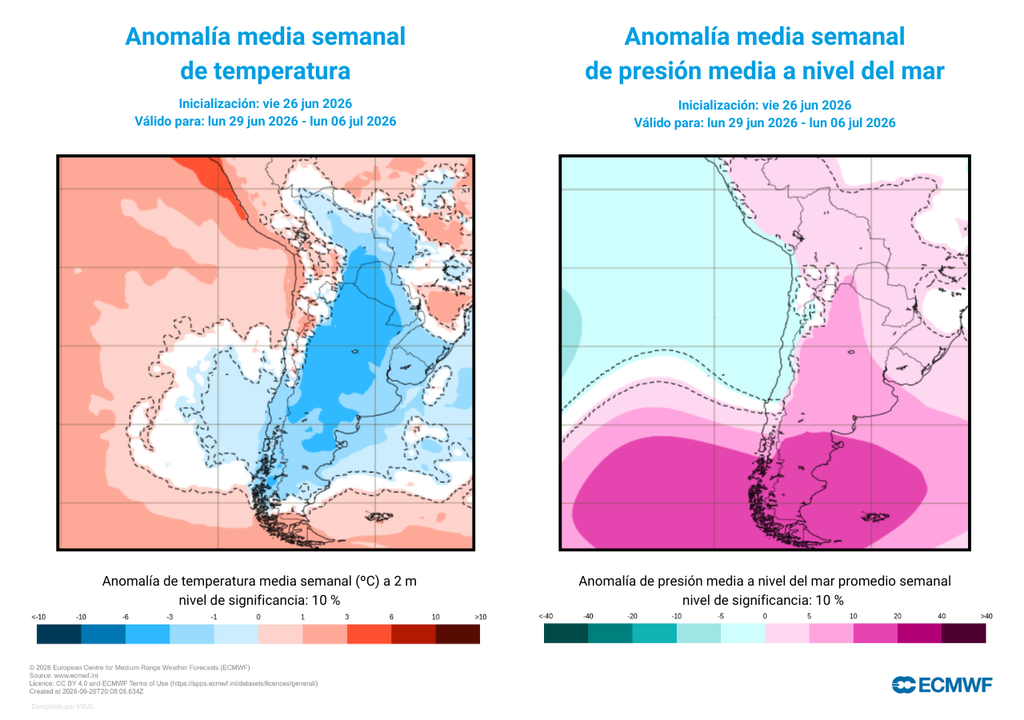 Una gran área de altas presiones se ubicará sobre el sur y Patagonia. La proyección de subpolar dejará heladas y probabilidad de formación de precipitaciones para sectores del sur y centro.