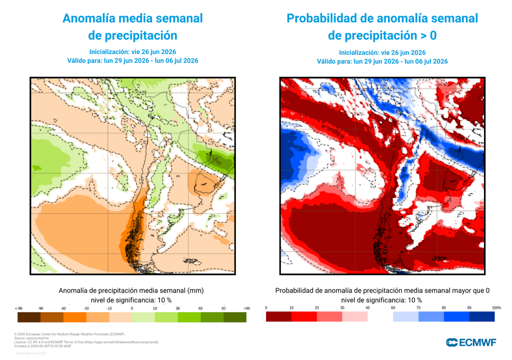 Los mapas de anomalía dan indicios de la presencia de un ciclón extratropical frente a la zona central de Chile, que dejaría precipitaciones durante la próxima semana.