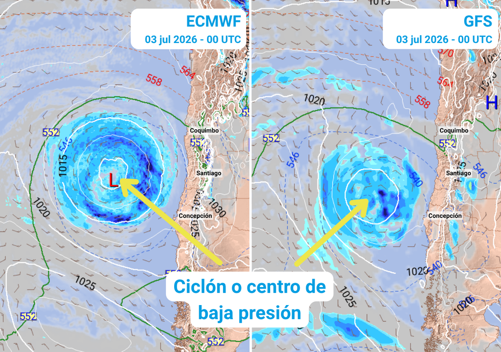 Dos de los modelos más confiables muestran la posible formación de un ciclón extratropical frente a la zona centro-sur de Chile, a mediados de la próxima semana.