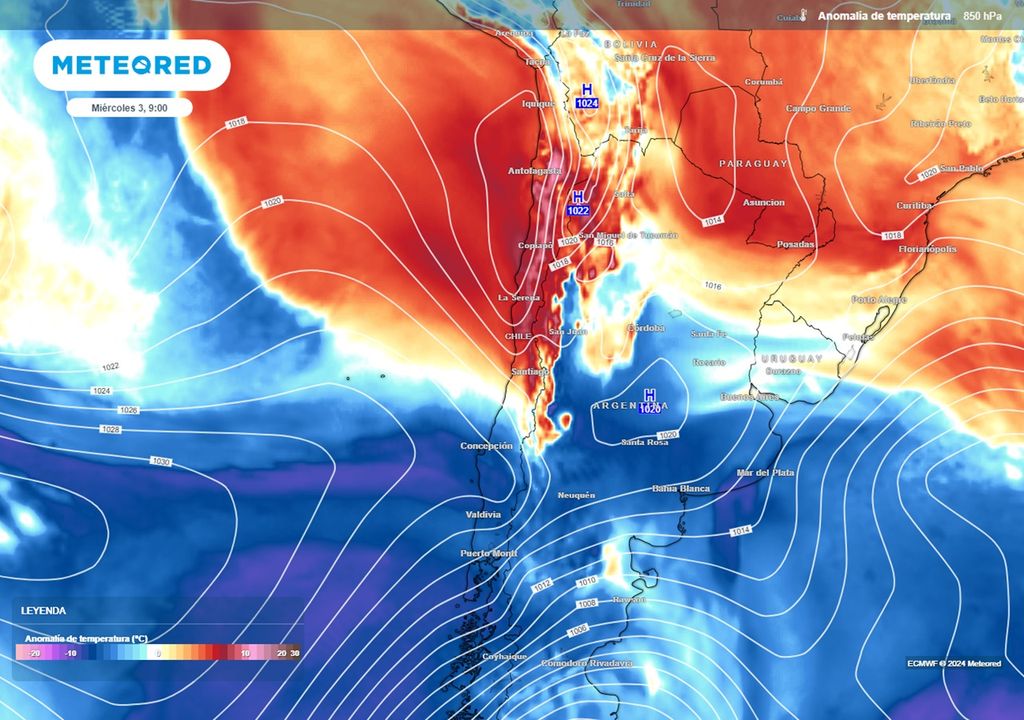 Anomalía de temperatura en el nivel de 850 hPa y presión en superficie. Anomalía de temperatura en el nivel de 850 hPa y presión en superficie.