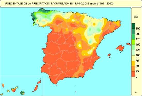 Precipitación junio 2012En la primera decena de junio las precipitaciones sólo afectaron al tercio norte peninsular. Las más importantes con totales acumulados en torno a 30-40 mm. se registraron en el suroeste de Galicia.&nbsp;&nbsp;