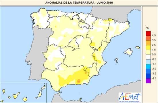 Anomalías de las temperaturas para junio 2016