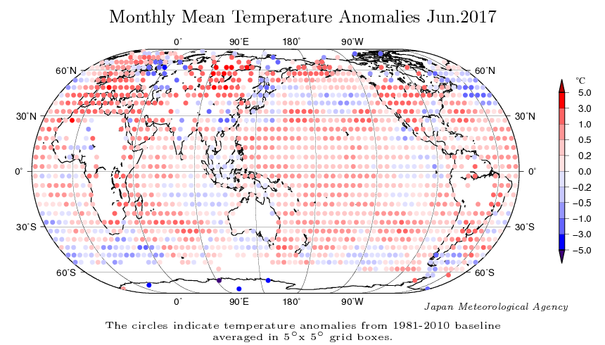 Anomalías de temperatura a nivel global para junio de 2017.
