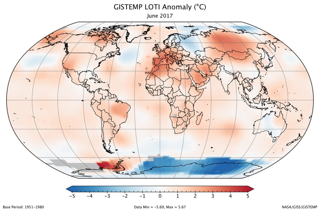 Mapa global de la anomalía LOTI (índice de temperatura tierra-océano) de junio de 2017, en relación con el promedio de junio de 1951-1980.