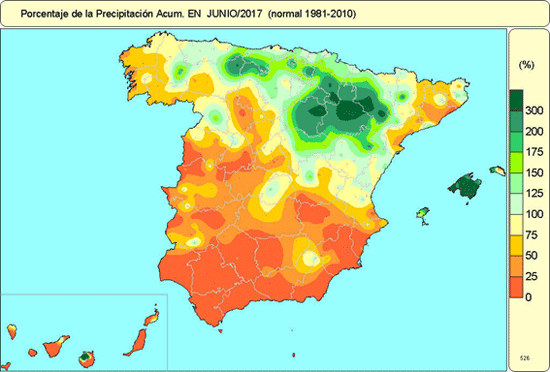 Junio 2017: Húmedo Y Extremadamente Cálido Porcentaje de precipitación acumulada en junio de 2017 (normal 1981-2010)
