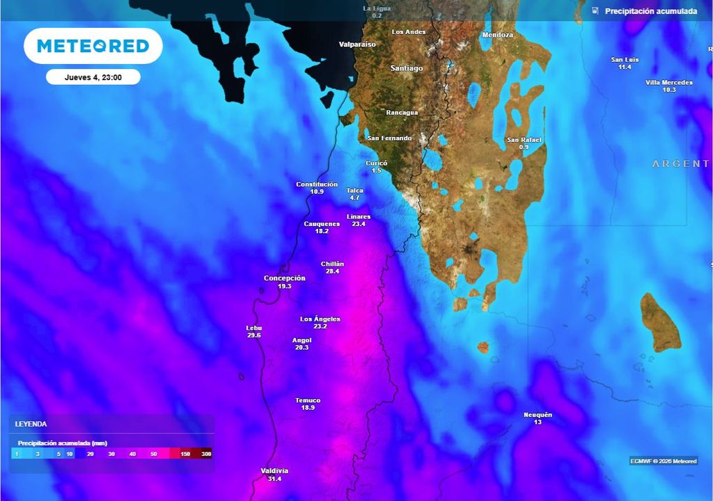 Las precipitaciones acumuladas hasta el día jueves muestran que la mayor actividad se quedará en el tramo centro-sur del país. Las regiones de Valparaíso, Metropolitana y O'Higgins cerrarán los primeros días de junio sin registrar milímetros en sus pluviómetros.