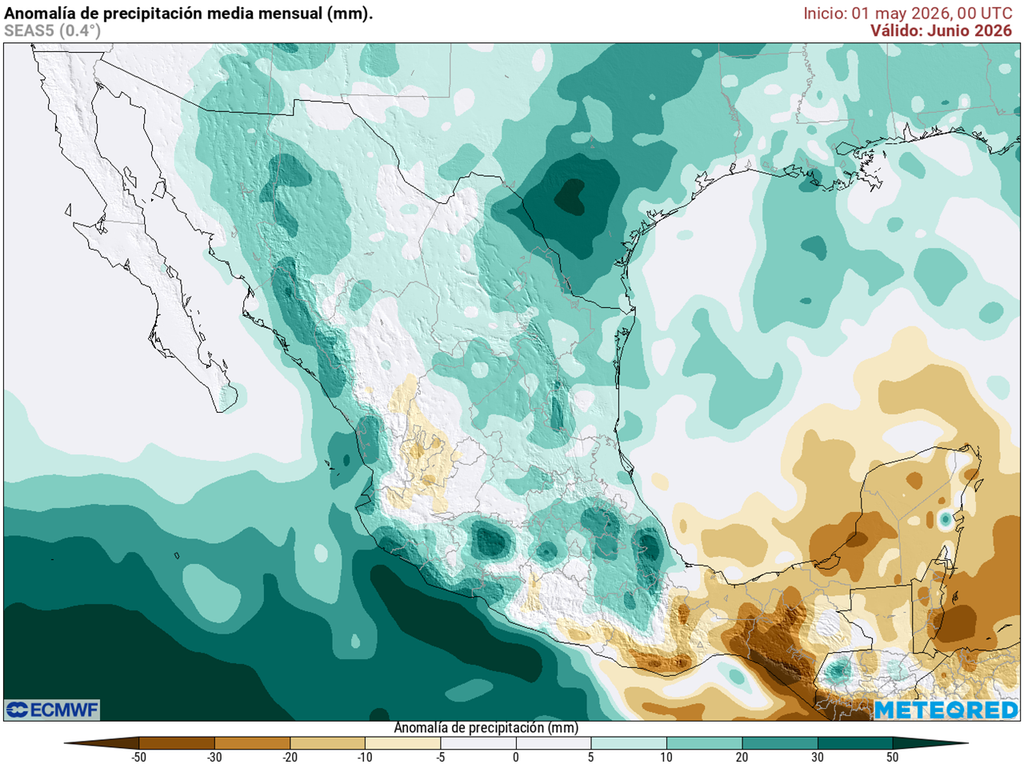 Anomalía de lluvias acumuladas en junio de 2026 Gran parte del país puede recibir lluvias dentro o superiores de lo habitual por efectos de ciclones y ondas tropicales, así como el Monzón Mexicano.