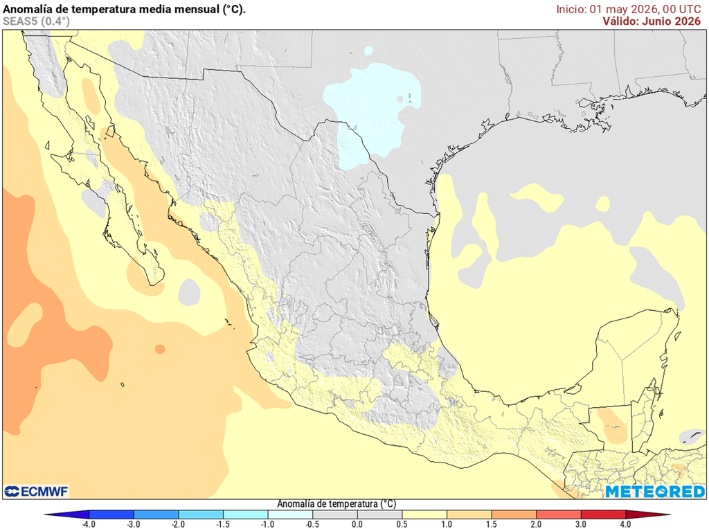 Anomalía de temperaturas en grados Celsius El calor estará regulando, esperándose un mes menos caluroso, excepto en el Pacífico, sureste y noroeste donde el calor dominaría; más fresco el norte y centro.