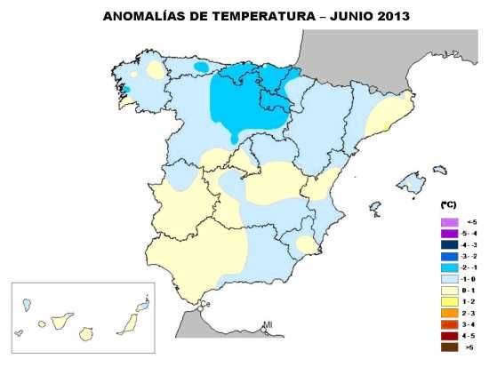 Anomalías de temperatura junio 2013 Anomalías de temperatura junio 2013. Fuente: AEMET