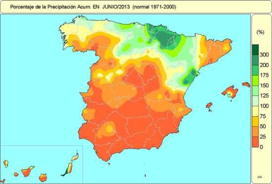 Porcentaje de la precipitación junio 2013 respecto a lo normal Porcentaje de la precipitación junio 2013 respecto a lo normal. Fuente: AEMET