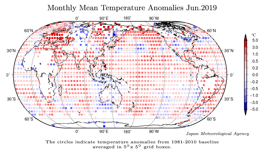 Distribución espacial de las anomalías de la temperatura global de la superficie en junio de 2019 Distribución espacial de las anomalías de la temperatura global de la superficie en junio de 2019
