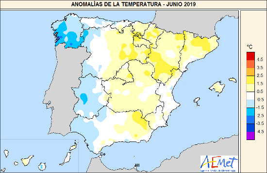 Anomalías de la temperatura de junio de 2019 en relación al periodo normal (1981-2010) Anomalías de la temperatura de junio de 2019 en relación al periodo normal (1981-2010)