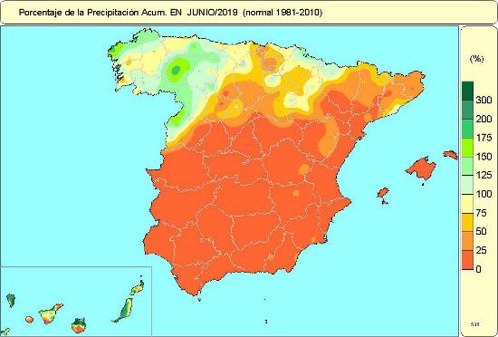 Porcentaje de precipitación acumulada en junio de 2019 en relación al periodo normal (1981-2010) Porcentaje de precipitación acumulada en junio de 2019 en relación al periodo normal (1981-2010)